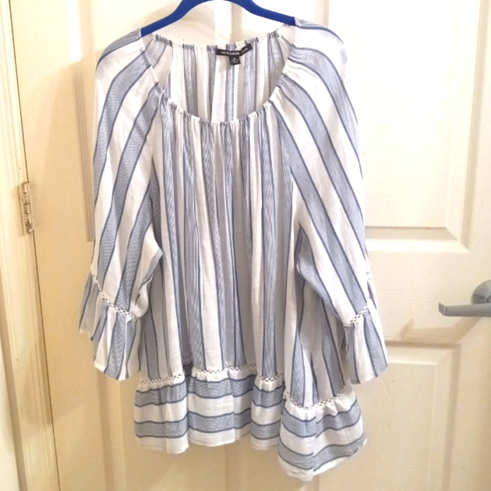 2X Zac&Rachel  Peasant Top EUC White and Blue Stripes Lace Trim Lightwe…